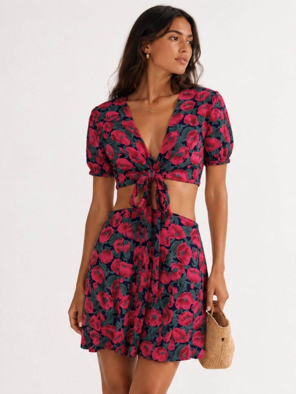 VALFIE Resortwear Vacation Floral Tie-Front Cutout Babydoll Mini Dress